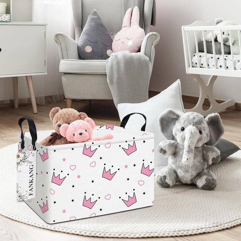 FANKANG Storage Bins, Nursery Hamper Canvas Laundry Basket Foldable with Waterproof PE Coating Large Storage Baskets for Kids Boys and Girls, Office, Bedroom, Clothes,Toys(Rec-pink crowns) - Image 3