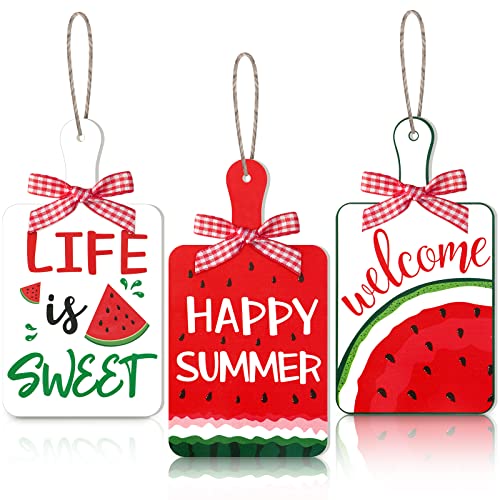 3 Pieces Watermelon Hanging Signs Door Wood Happy Summer Watermelon Welcome Plaque for Front Door Wreath Home Wall Decor with Hanging Rope