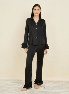 Plisse Layer Cuff Sleeves Satin Shirt and Pyjama Set