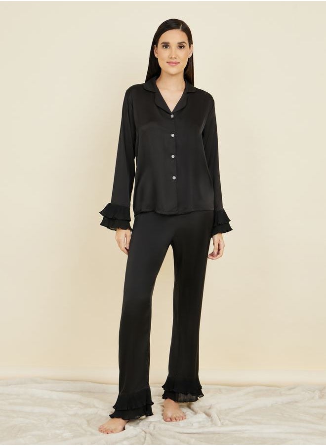 Styli - Plisse Layer Cuff Sleeves Satin Shirt and Pyjama Set - Image 1