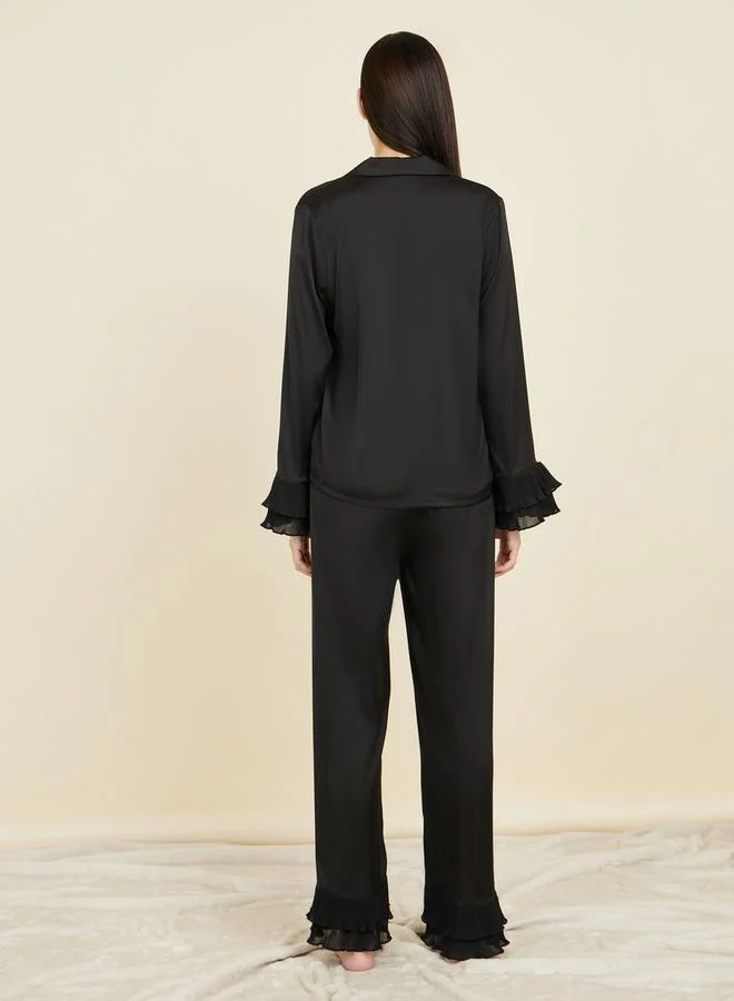 Styli Plisse Layer Cuff Sleeves Satin Shirt and Pyjama Set