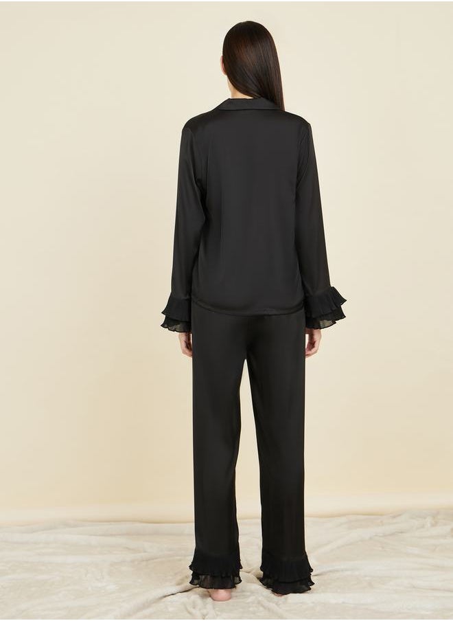 Styli - Plisse Layer Cuff Sleeves Satin Shirt and Pyjama Set - Image 1