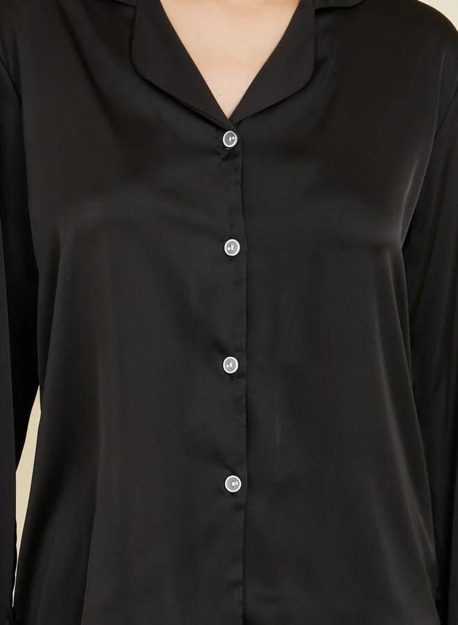 Styli Plisse Layer Cuff Sleeves Satin Shirt and Pyjama Set