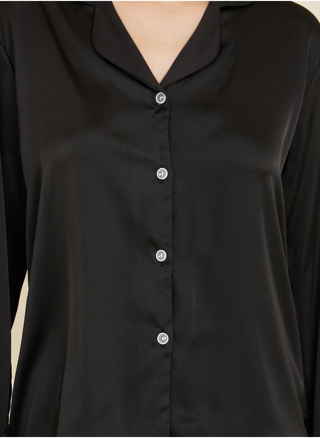 Styli - Plisse Layer Cuff Sleeves Satin Shirt and Pyjama Set - Image 1