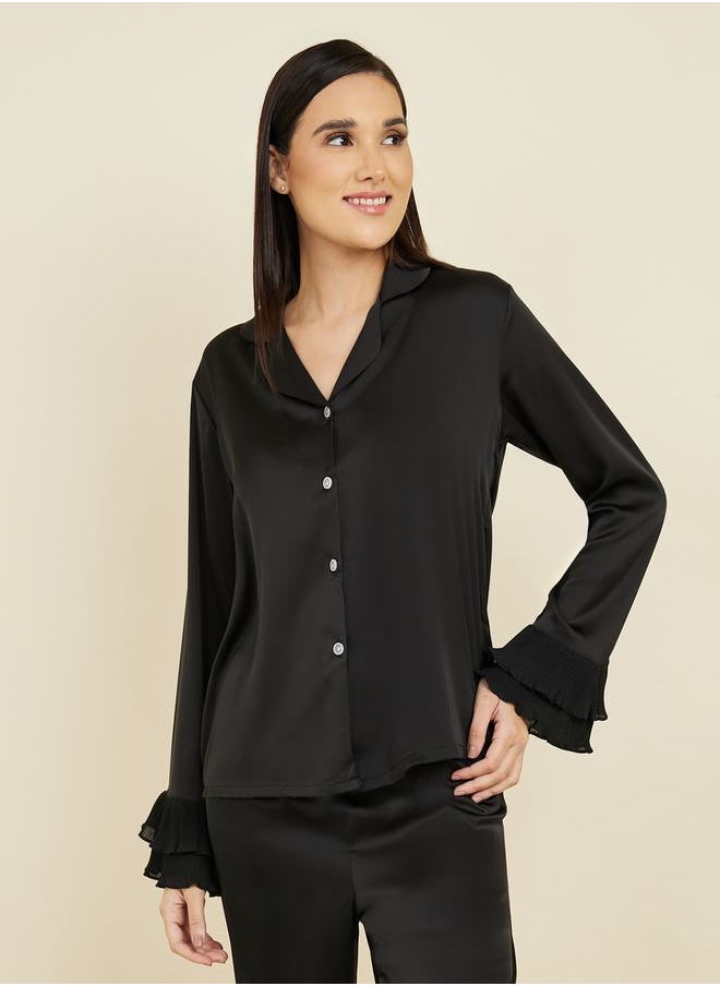 Styli - Plisse Layer Cuff Sleeves Satin Shirt and Pyjama Set - Image 1