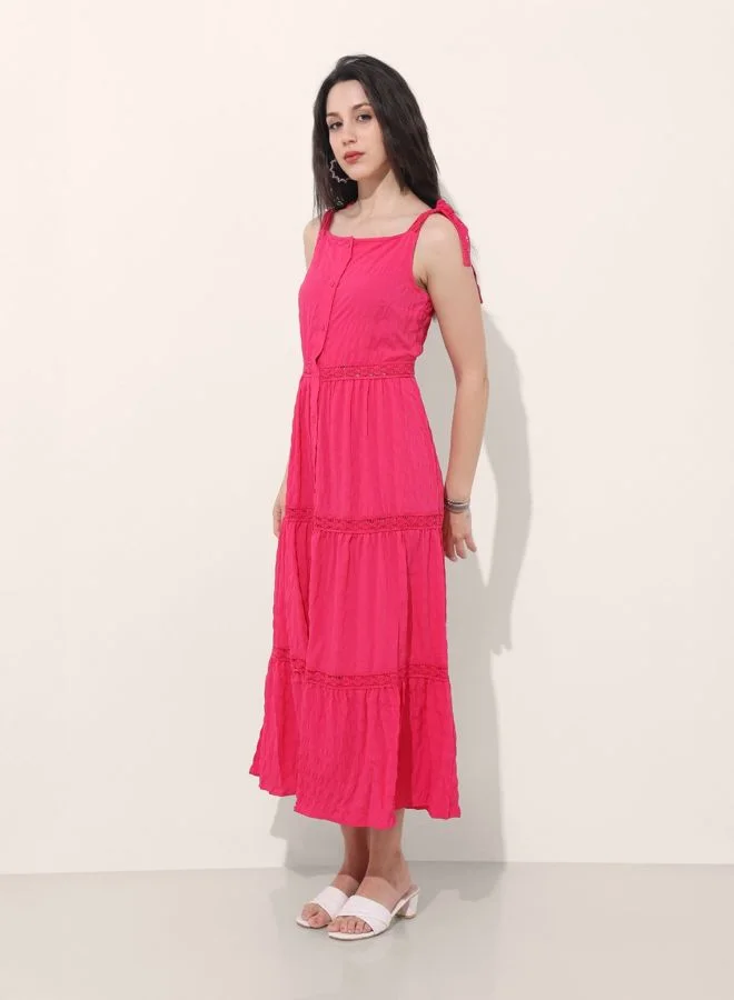 Freehand  Women Fit and Flared Solid Tie-up Neck Sleeveless Maxi Dress for Women | Best Price UAE