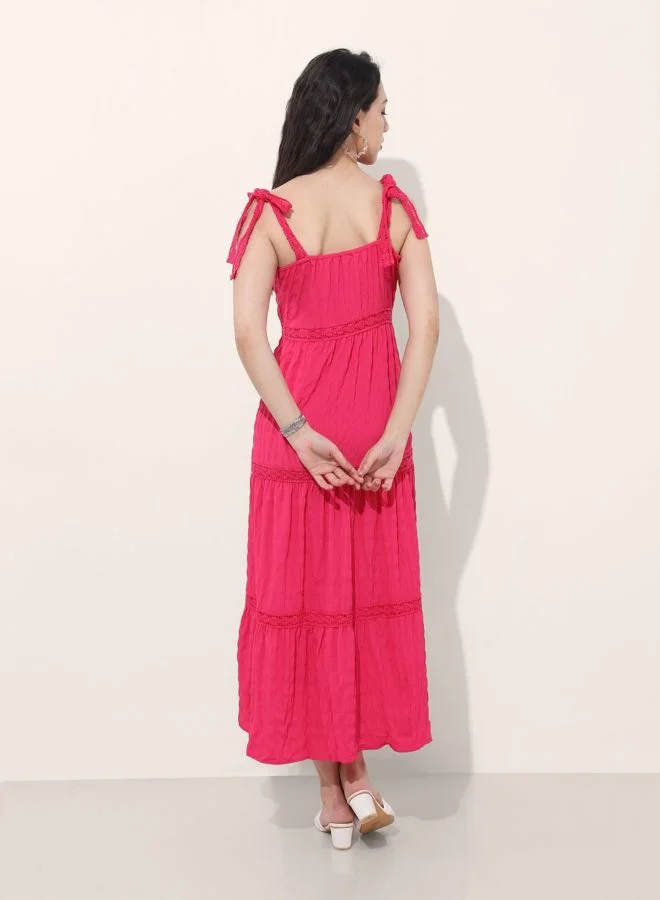 Freehand  Women Fit and Flared Solid Tie-up Neck Sleeveless Maxi Dress for Women | Best Price UAE