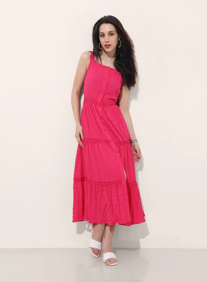 Women Fit and Flared Solid Tie-up Neck Sleeveless Maxi Dress