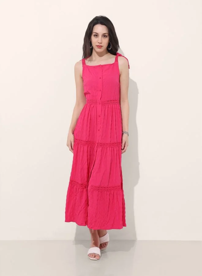 Freehand  Women Fit and Flared Solid Tie-up Neck Sleeveless Maxi Dress for Women | Best Price UAE
