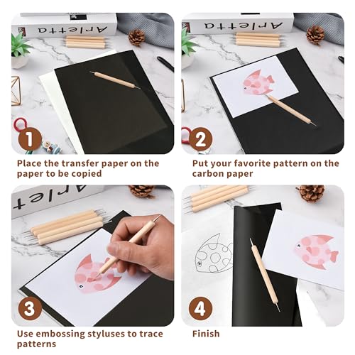 Hlonon 50 Sheets Carbon Paper Graphite Paper Black Carbon Transfer (8.5 x 11.5 inch) Tracing Papers with 5 PCS Embossing Styluses Dotting Tools for Wood Paper Canvas Craft - Image 4