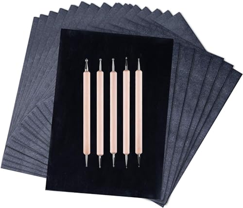 Hlonon 50 Sheets Carbon Paper Graphite Paper Black Carbon Transfer (8.5 x 11.5 inch) Tracing Papers with 5 PCS Embossing Styluses Dotting Tools for Wood Paper Canvas Craft - Image 1