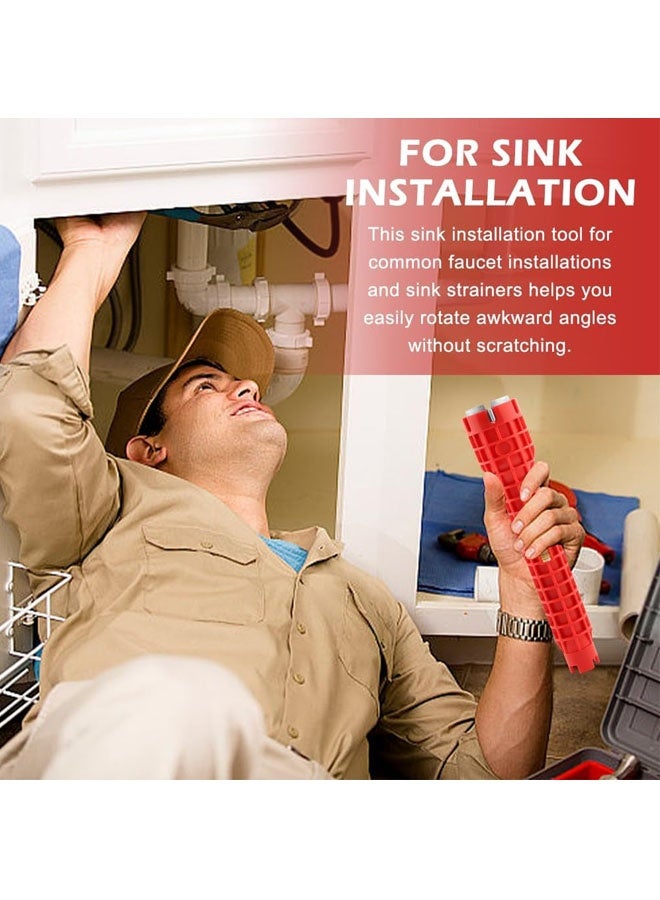 مفتاح ربط 8 في 1 للحنفية والحوض، مفتاح ربط حوض متعدد الوظائف، أداة تثبيت متعددة الوظائف باللون الأحمر، أداة سباكة لإصلاح السباكة وتركيبها، أدوات يدوية لحوض المرحاض والحمام والمطبخ (أحمر) - Image 3
