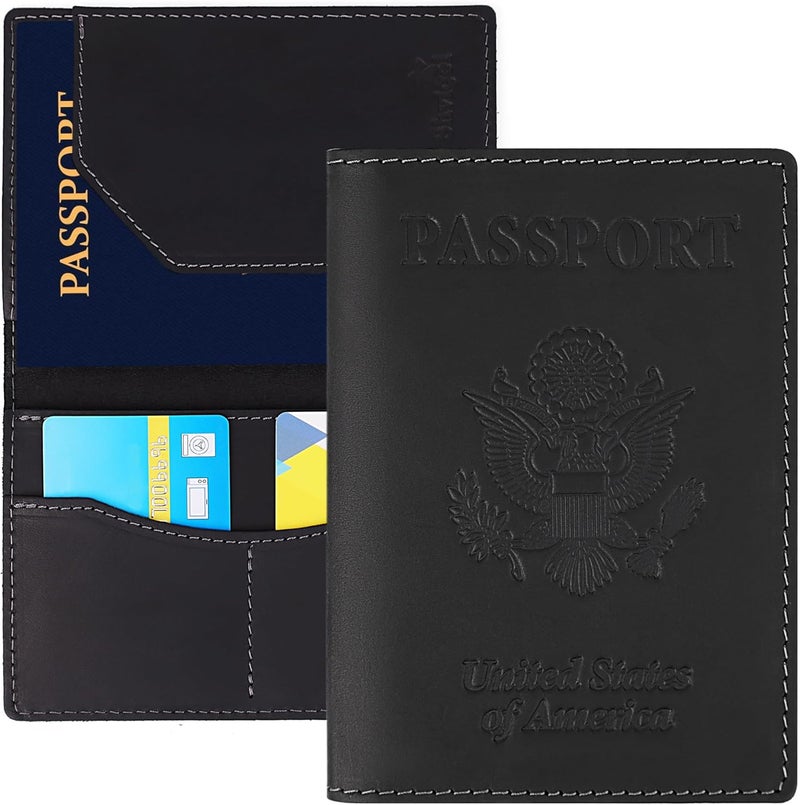 Shvigel Genuine Leather Passport Cover – Passport Holder for Men & Women – Crazy Horse Leather Travel Wallet Black - Image 1