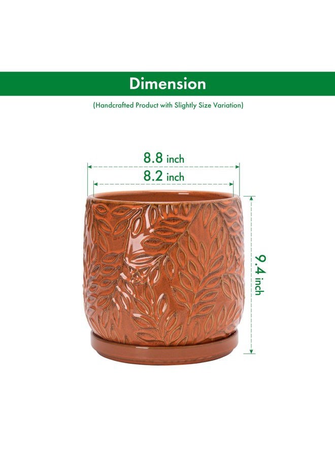 D'vine Dev 8 Inch Embossed Leaves Stoneware Planter Pot with Drainage Hole and Saucer, Pumpkin, 27-A-Q-J - Image 3