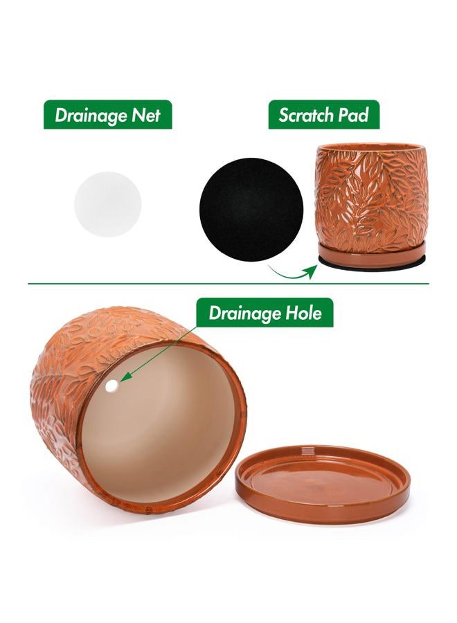 D'vine Dev 8 Inch Embossed Leaves Stoneware Planter Pot with Drainage Hole and Saucer, Pumpkin, 27-A-Q-J - Image 4