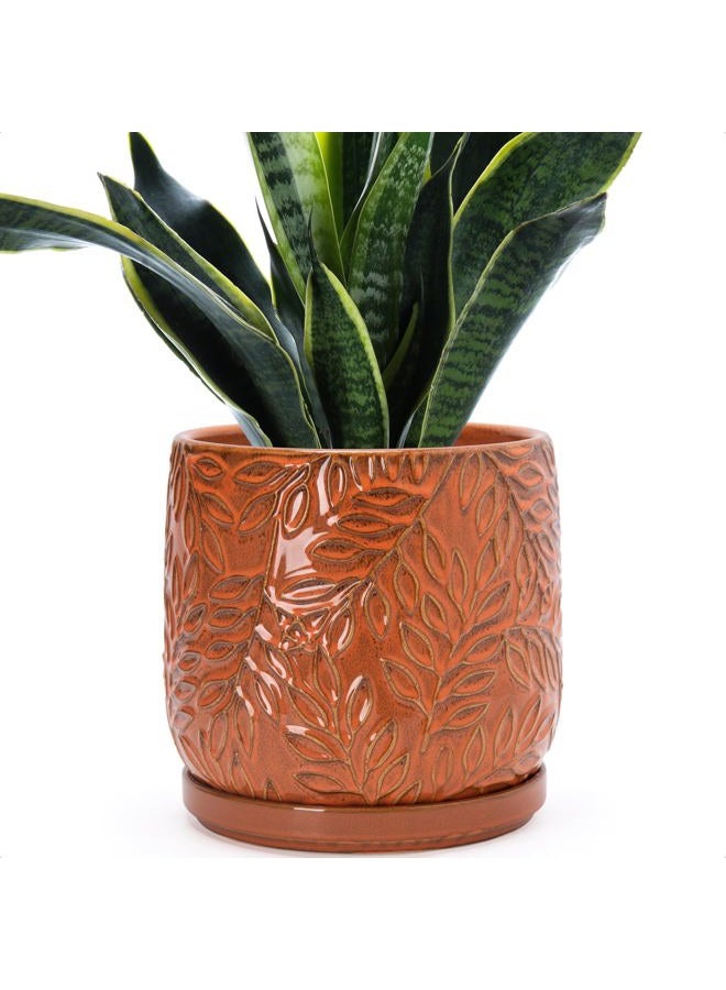 D'vine Dev 8 Inch Embossed Leaves Stoneware Planter Pot with Drainage Hole and Saucer, Pumpkin, 27-A-Q-J - Image 1