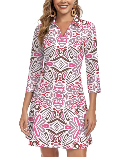 WOWENY 3/4 Sleeve Dress for Women with Pockets V Neck UPF 50+ Casual Sun Dress Breathable Quick Dry Beach Vacation (Pink Pattern, S) - Image 1