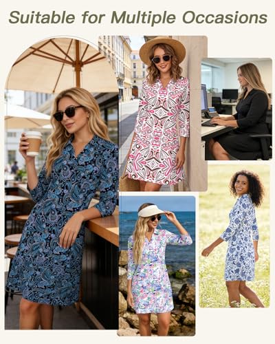WOWENY 3/4 Sleeve Dress for Women with Pockets V Neck UPF 50+ Casual Sun Dress Breathable Quick Dry Beach Vacation (Pink Pattern, S) - Image 5