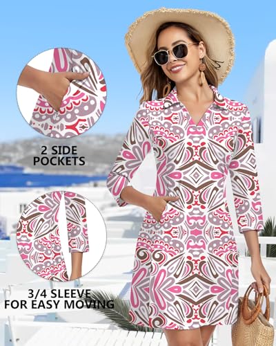 WOWENY 3/4 Sleeve Dress for Women with Pockets V Neck UPF 50+ Casual Sun Dress Breathable Quick Dry Beach Vacation (Pink Pattern, S) - Image 4
