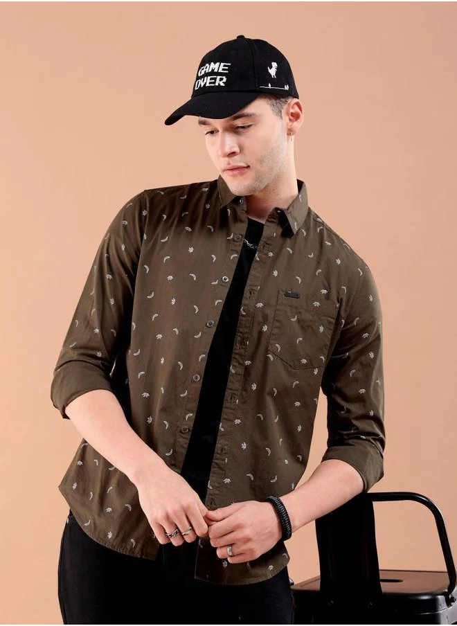 شركة المرآب الهندية Men Slim Fit Graphic Print Full Sleeves Spread Collar Casual Shirt