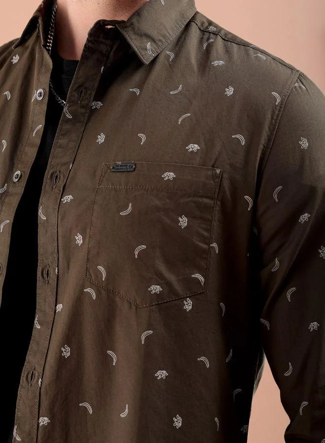 The Indian Garage Co Men Slim Fit Graphic Print Full Sleeves Spread Collar Casual Shirt