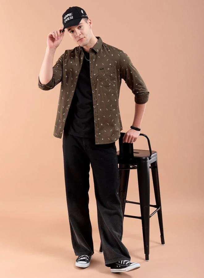 The Indian Garage Co Men Slim Fit Graphic Print Full Sleeves Spread Collar Casual Shirt