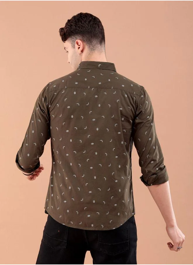 شركة المرآب الهندية Men Slim Fit Graphic Print Full Sleeves Spread Collar Casual Shirt