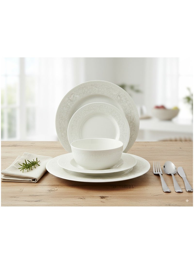 تراست طقم عشاء من البورسلين مكوّن من 32 قطعة باللون الأبيض؛ 8 قطع أطباق عشاء مقاس 27 سم، 8 قطع أطباق شوربة مقاس 22 سم، 8 قطع أطباق جانبية مقاس 20.5 سم، 8 قطع سلطانية مقاس 14 سم. - Image 4