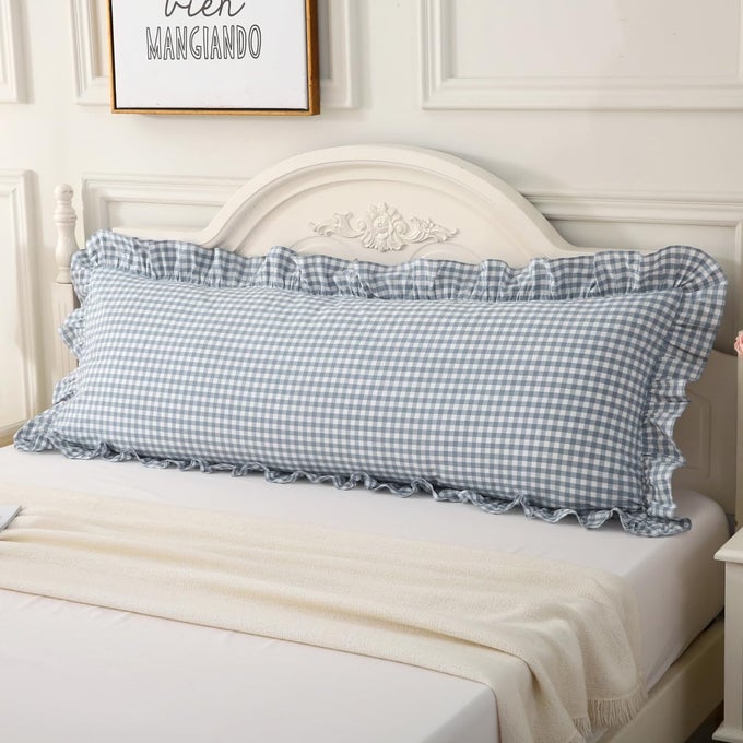 LIGHT BLUE PLAID BODY RUFFLE PILLOW SHAMWASHED COTTON SHABBY CHECKERED GINGHAM LONG PILLOW COVER 1 PIECE