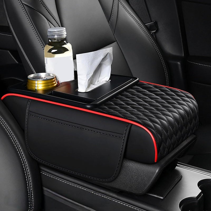 LINGYUE Car Armrest Cushion for VW ID. Buzz ID.3 ID.4 ID.5,Thicken Height Pad Arm Rest Cushion with Pocket Tissue Cup Holder Memory Cotton,Black + Red - Image 1