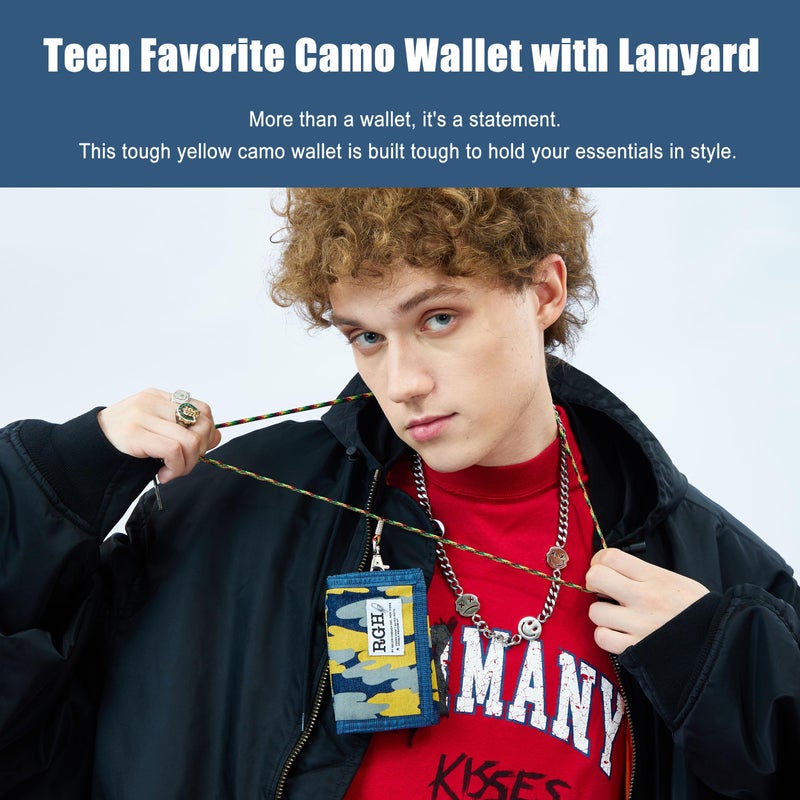 RE ROUGH ENOUGH Rough Enough Kids Wallet for Boys Teen with Neck Lanyard Keychain Blue Yellow Camo Canvas Casual - Image 2