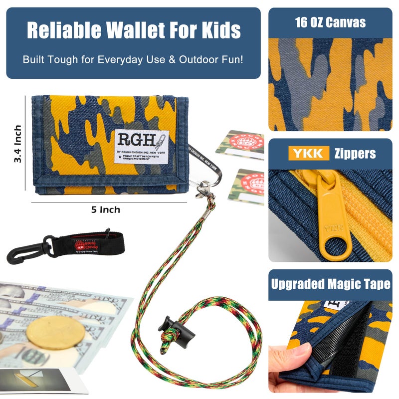 RE ROUGH ENOUGH Rough Enough Kids Wallet for Boys Teen with Neck Lanyard Keychain Blue Yellow Camo Canvas Casual - Image 5