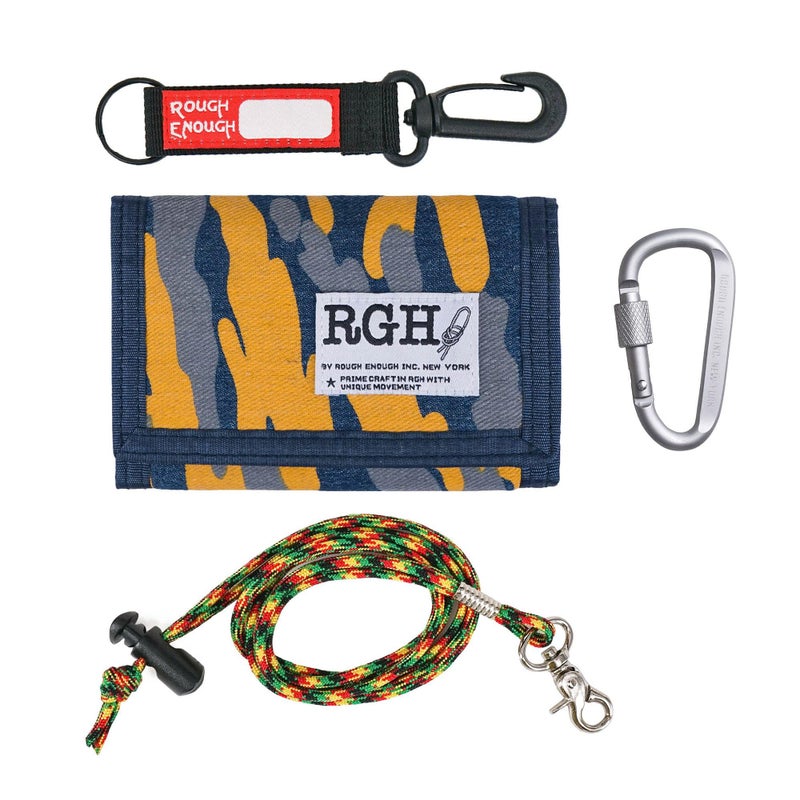RE ROUGH ENOUGH Rough Enough Kids Wallet for Boys Teen with Neck Lanyard Keychain Blue Yellow Camo Canvas Casual - Image 1