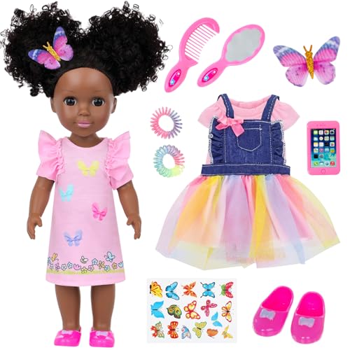 Ecore Fun 145 Inch Black Baby Doll with 12 Pcs Butterfly Theme Accessories Realistic African Doll Black with Hair Clips Comb Mirror Rainbow Dress Pink TShirt Phone Stickers Shoes - Image 1