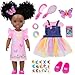 Ecore Fun 145 Inch Black Baby Doll with 12 Pcs Butterfly Theme Accessories Realistic African Doll Black with Hair Clips Comb Mirror Rainbow Dress Pink TShirt Phone Stickers Shoes - Image 2