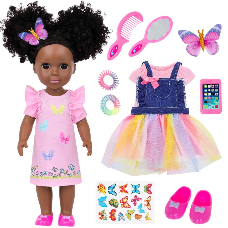 Ecore Fun 145 Inch Black Baby Doll with 12 Pcs Butterfly Theme Accessories Realistic African Doll Black with Hair Clips Comb Mirror Rainbow Dress Pink TShirt Phone Stickers Shoes - Image 3