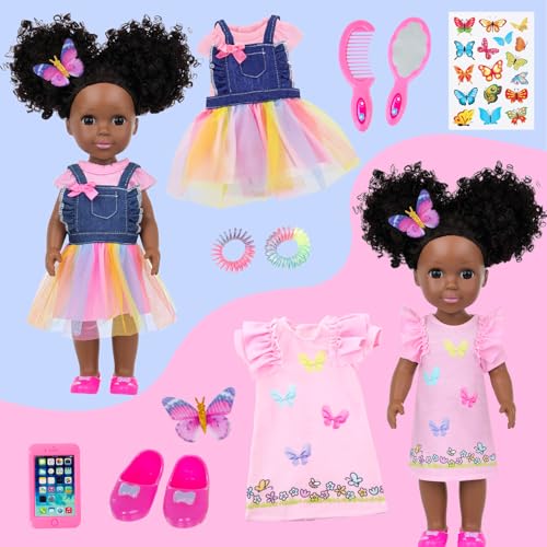 Ecore Fun 145 Inch Black Baby Doll with 12 Pcs Butterfly Theme Accessories Realistic African Doll Black with Hair Clips Comb Mirror Rainbow Dress Pink TShirt Phone Stickers Shoes - Image 5