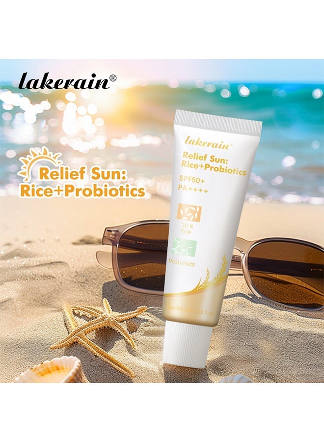 lakerain Relief Sun: Rice+Probiotics, SPF50+ PA++++ Sunscreen, 30% Rice & Probiotics Nourishing Sun Protection, Lightweight Hydrating Daily Sunscreen for Face & Body 50ml - Image 2