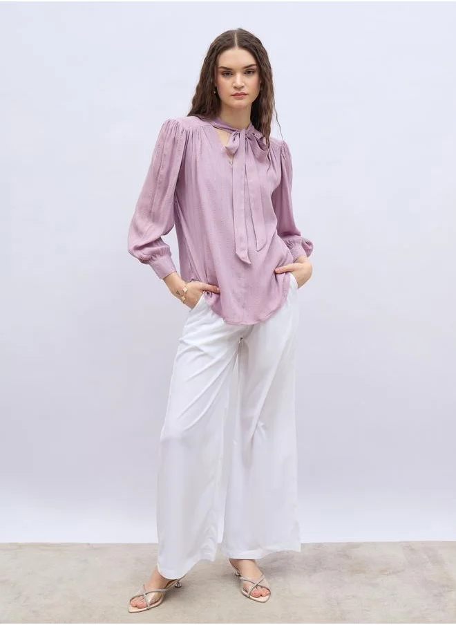Styli Styli Textures Balloon Sleeve Tie-Up Neck Blouse