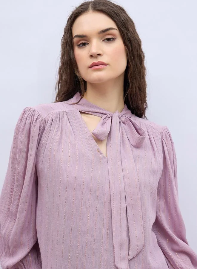 Styli Styli Textures Balloon Sleeve Tie-Up Neck Blouse