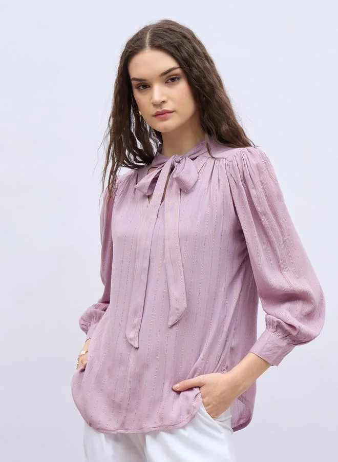 Styli Styli Textures Balloon Sleeve Tie-Up Neck Blouse