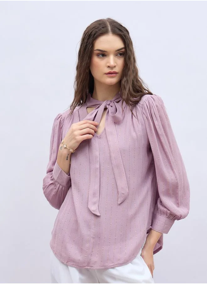 Styli Styli Textures Balloon Sleeve Tie-Up Neck Blouse