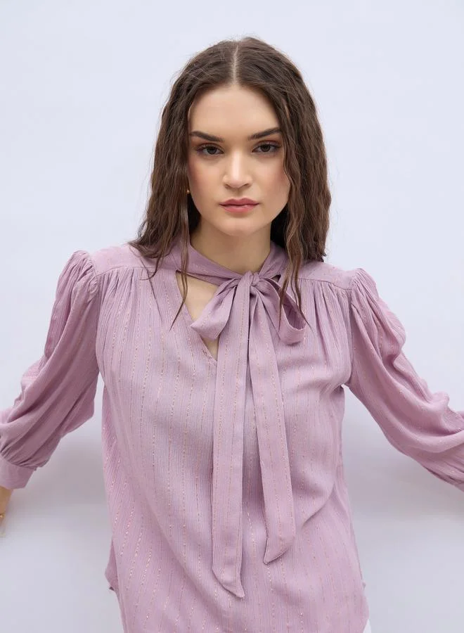 Styli Styli Textures Balloon Sleeve Tie-Up Neck Blouse