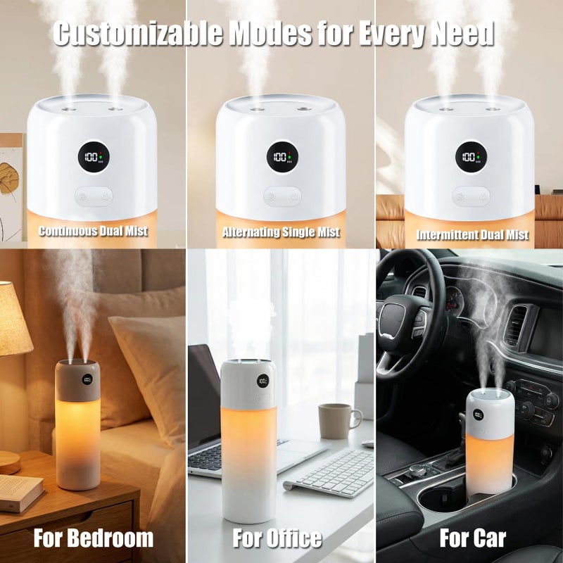 gofuch Portable Mini Humidifier, 500ml Rechargeable Dual Mist, Auto Timer & Dry-Burn Protection, with Night Light, for Bedroom Office AC Room Plants Car Travel (White) - Image 3