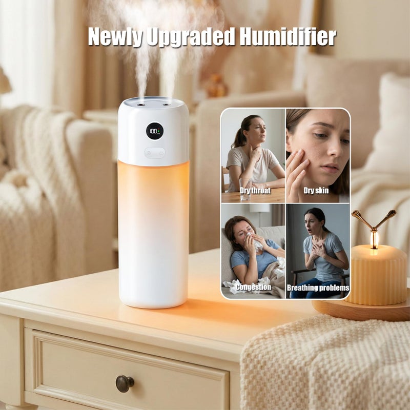 gofuch Portable Mini Humidifier, 500ml Rechargeable Dual Mist, Auto Timer & Dry-Burn Protection, with Night Light, for Bedroom Office AC Room Plants Car Travel (White) - Image 2