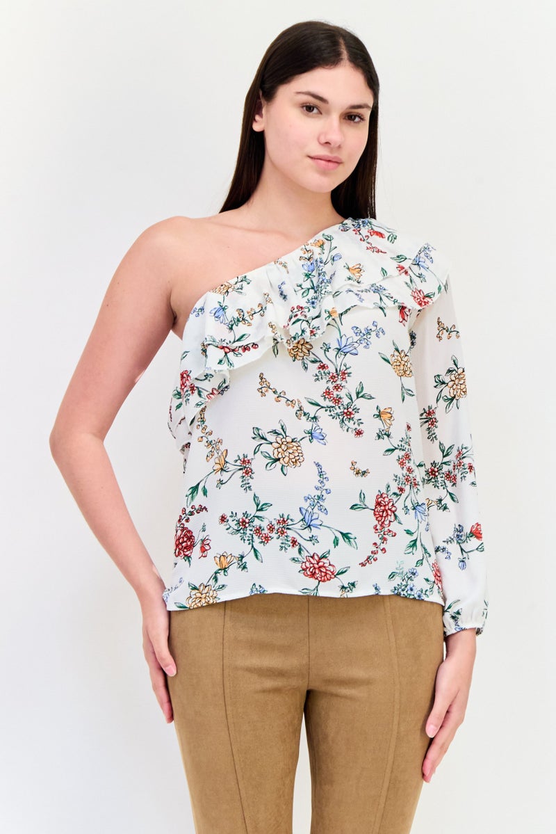 DeFacto Women Asymmetrical One Shoulder Floral Print Top, Multicolor - Image 1