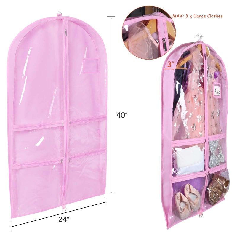 Syeeiex 3" Gusseted Clear Dance Costume Garment Bag(5 Pack), 40'' Dance Garment Bags for Dancers with 4 Zipper Pockets & Can Hold 1-3 Dance Costumes - Suitable for Dance Competitions, Ballet(Pink) - Image 5