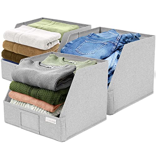 VIVIDECOR Trapezoid Closet Bins for Shelves – 12x12x10 Fabric Storage Baskets, Closet Organizers Bins, Open Front Fabric Baskets, Collapsible Organizer Boxes for Clothes, Linen – Light Gray, 3 Pack - Image 1