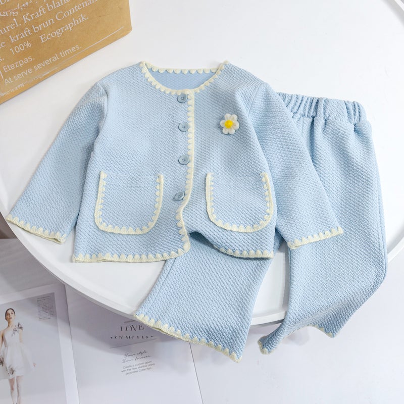 Girls Spring Chic Tweed Jacket Outfit Set Blue  - Image 4