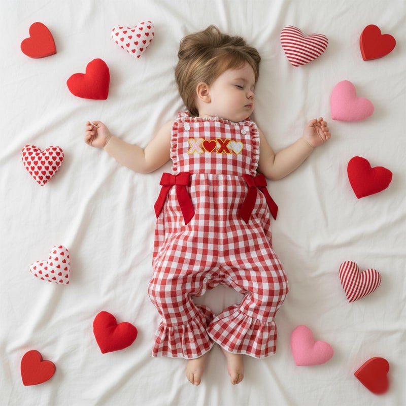 Rourufy Toddler Baby Girl Valentines Day Outfit Girls Plaid Overalls Pants Romper Kids Jumpsuit Kids Spring Summer Clothes (A XOXO Plaid Red, 6-12 Months) - Image 4